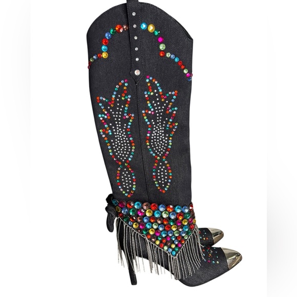 Gianni Bini Kaitrin Rainbow Rhinestone Fringe Bandana Boots Black Denim SZ 8 - Picture 2 of 11